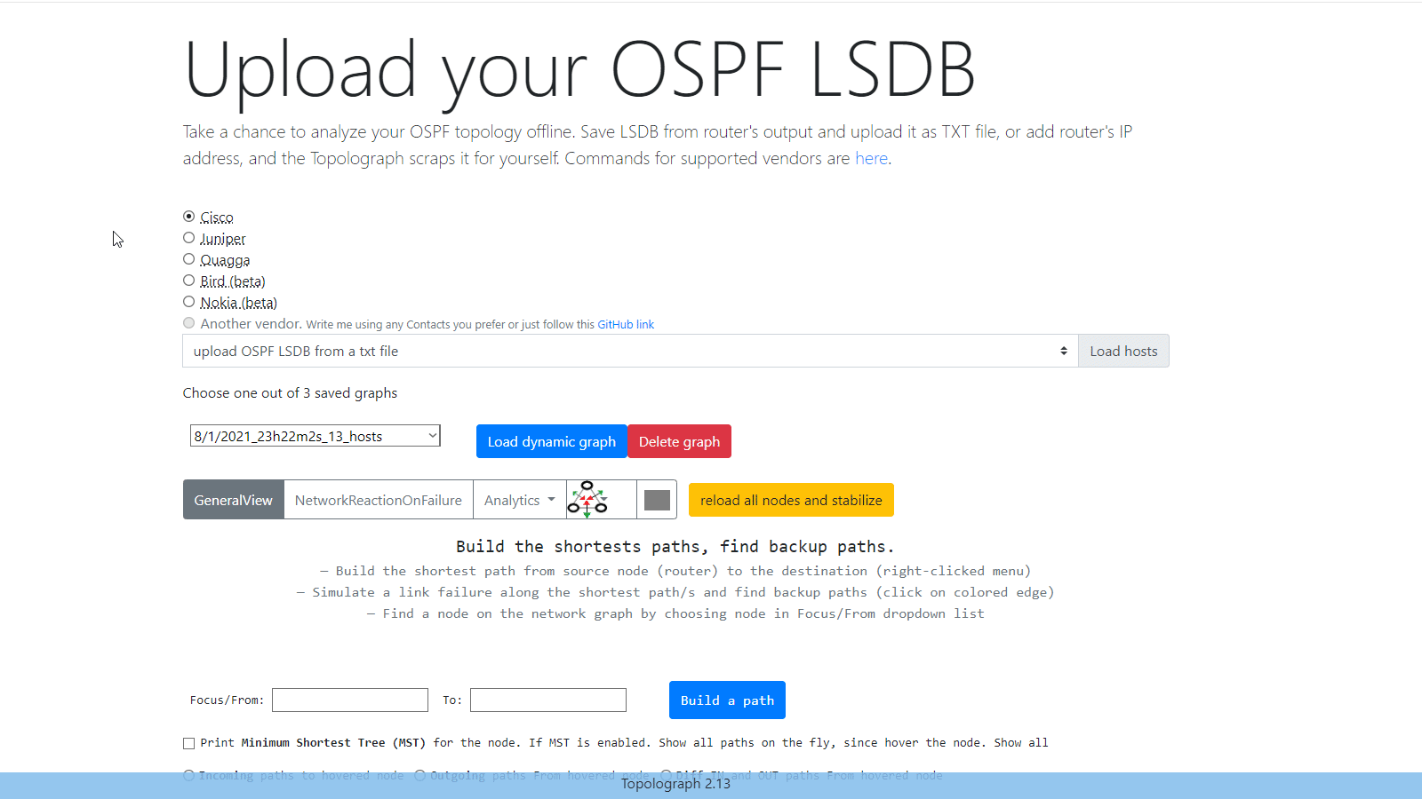 Demo showing LSDB text file upload and shortest path calculation in Topolograph